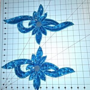 Turquoise iris sequin and bead flower applique set of 2